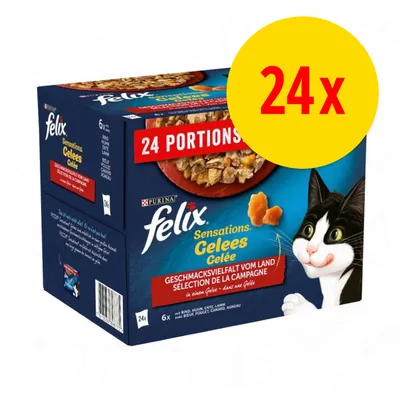 Boîte de 24 portions Felix Sensations Gelées Sélection de la campagne, avec bœuf, poulet, canard, agneau. Texte visible en français et allemand sur l’emballage.