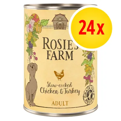 Rosie's Farm Slow-cooked Chicken & Turkey ADULT, ricetta senza cereali, confezione da 24x. Immagine di una lattina con disegni di cane e gallina.