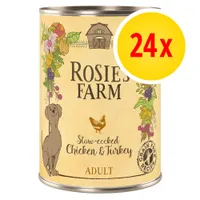 Rosie's Farm Slow-cooked Chicken & Turkey ADULT, ricetta senza cereali, confezione da 24x. Immagine di una lattina con disegni di cane e gallina.