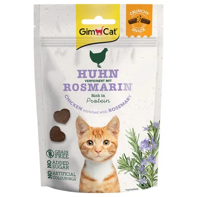 GimCat snack croccante per gatti, pollo con rosmarino, ricco di proteine. Grain free, senza zuccheri aggiunti né coloranti artificiali. Testo in inglese e tedesco.