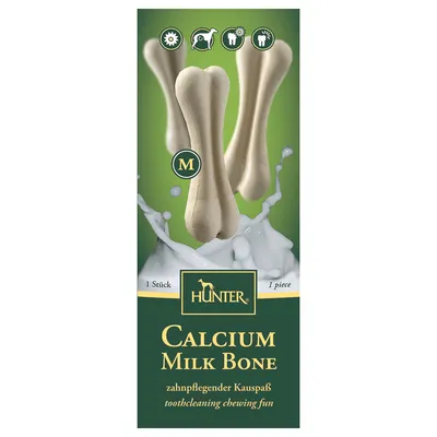 Förpackning med HUNTER Calcium Milk Bone, storlek M, 1 styck. Text: zahn­pflegender Kau­spaß, toothcleaning chewing fun. Bild på benformade tuggben och mjölkstänk.