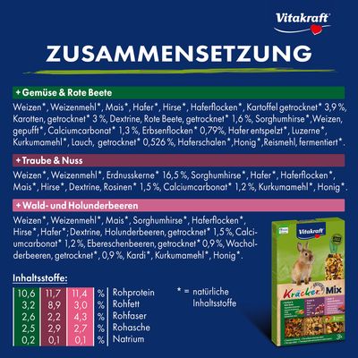 Vitakraft Kräcker Mix für Kaninchen. Sorten: Popcorn & Honig, Gemüse & Rote Beete, Traube & Nuss. Made in Germany, 3 Schichten, zuckerfreie Rezeptur, Vitamine & Mineralien.
