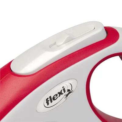 Poignée de laisse rétractable Flexi, bouton coulissant blanc visible sur le dessus, logo Flexi imprimé sur le côté du boîtier rouge et gris.