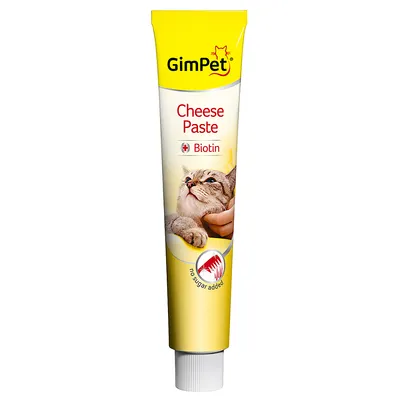 Tubo di GimPet Cheese Paste con Biotina, immagine di gatto, testo visibile: 'no sugar added'. Pasta per gatti. Colore giallo e bianco.