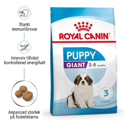 Royal Canin Puppy Giant 2–8 months. Starkt immunförsvar, intensiv tillväxt kontrollerad energihalt, anpassad storlek på foderbitarna. Bild på valpfoder och hundvalp. Royal Canin Puppy Giant 2–8 months. Starkt immunförsvar, intensiv tillväxt kontrollerad energihalt, anpassad storlek på foderbitarna. Bild på valpfoder och hundvalp.