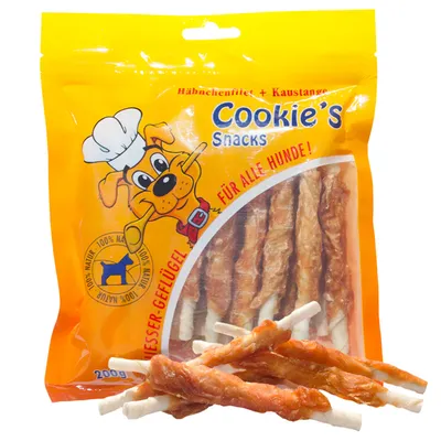 Bolsa de Cookie's Snacks para perros, 200 g, con palitos envueltos en carne. Texto visible: '100 % Natur', 'Für alle Hunde!', 'Hähnchenfilet + Kaustange'.