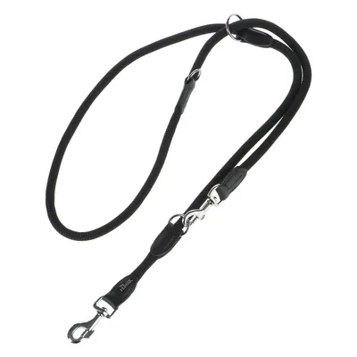 Sort justerbar hundesnor i flettet nylon med to metal karabinhager og ringe. Tekst: Hunter synlig på læderdetalje nær karabinhage.