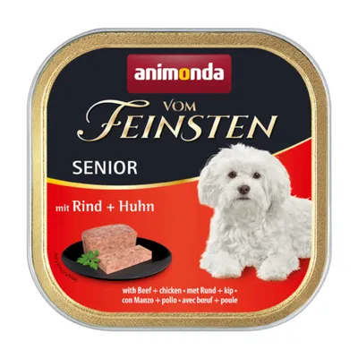 Barquette Animonda Vom Feinsten Senior, avec bœuf et poule, image d’un petit chien blanc et pâtée sur assiette. Texte visible : mit Rind + Huhn, avec bœuf + poule.