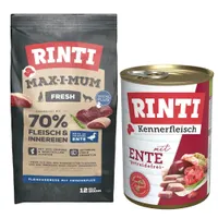 RINTI Kombi-Paket: 12 kg Max-i-mum + 12 x 400 g Kennerfleisch - Ente: 12 kg Max-i-mum + 12 x 400 g Kennerfleisch