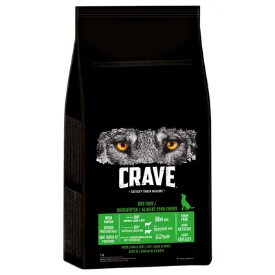 Crave ξηρά τροφή για σκύλους με αρνί και βοδινό, υψηλή περιεκτικότητα σε πρωτεΐνη, φρέσκο βοδινό, χωρίς δημητριακά. Συσκευασία: 7kg.