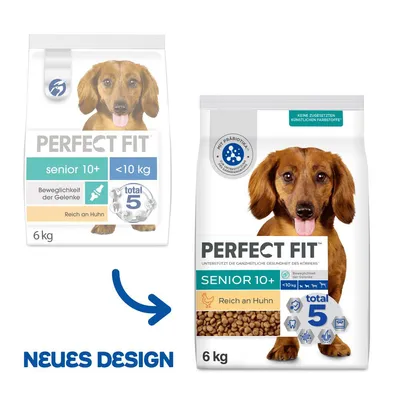 Perfect Fit Senior 10+ hundefoder, rig på kylling, til hunde under 10 kg, 6 kg. Nyt design med Total-5-sundhedsformel og ledmobilitet.
