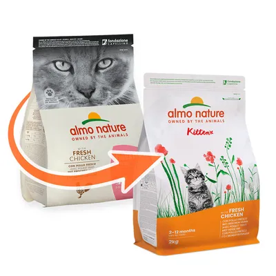 Balení krmiva almo nature Kitten s textem OWNED BY THE ANIMALS, with FRESH CHICKEN, 2–12 months, 2 kg. Oranžová šipka ukazuje změnu obalu.