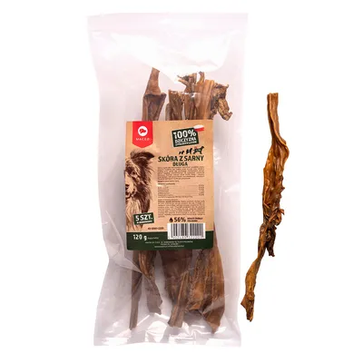 Confezione Maced Skóra z Sarny Długa, 5 pezzi, 120 g. Etichetta con testo in polacco: 100% dziczyzna, 56% białko, immagine di cane. Una striscia di pelle visibile accanto.