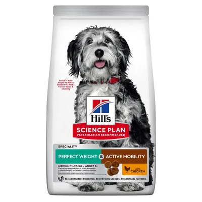 Hill's Science Plan Perfect Weight & Active Mobility con pollo, per cani di taglia media 11-25 kg, Adult 1+, alimentazione clinicamente testata. Senza conservanti e aromi artificiali.