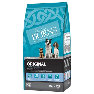 Burns Original Adult Lamb & Brown Rice koiranruoka, 15 kg. Pakkauksessa kolme koiraa ja tekstiä: Healthy Skin & Coat, Healthy Digestion, Recommended by Behaviourists, Naturally Delicious, Hypo-Allergenic & Complete.