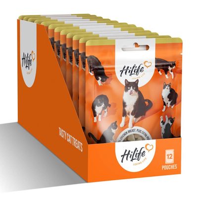 Box containing 12 pouches of treats, labelled 'Tasty Cat Treats' and 'HiLife Loving Life', with images of black and white cats on orange packaging.
