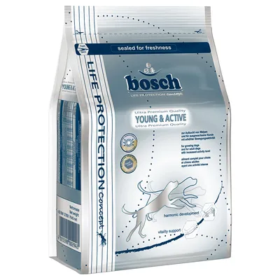 Упаковка корма для собак bosch Life Protection Concept Young & Active, Ultra Premium Quality. Видны значки: harmonic development, vitality support, sealed for freshness.