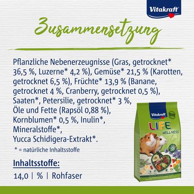 Vitakraft Life Wellness Hauptfutter für Meerschweinchen, Made in Germany, ohne Getreide, mit Omega-3, Mineralien und Vitaminen. Wellness-Mix ohne Zuckerzusatz oder künstliche Zusätze.