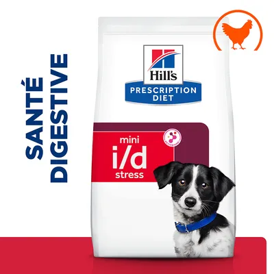 Sac Hill's Prescription Diet mini i/d stress pour chien, mention « SANTÉ DIGESTIVE », pictogramme poulet, texte visible sur l’emballage. Sac Hill's Prescription Diet mini i/d stress pour chien, mention « SANTÉ DIGESTIVE », pictogramme poulet, texte visible sur l’emballage.