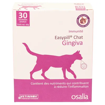 Cutie Easypill Chat Gingiva, 30 boulettes, greutate netă 60g, Vetinnov Osalia. Text vizibil: 'Contient des nutriments qui contribuent à réduire l’inflammation'. Cutie Easypill Chat Gingiva, 30 boulettes, greutate netă 60g, Vetinnov Osalia. Text vizibil: 'Contient des nutriments qui contribuent à réduire l’inflammation'.