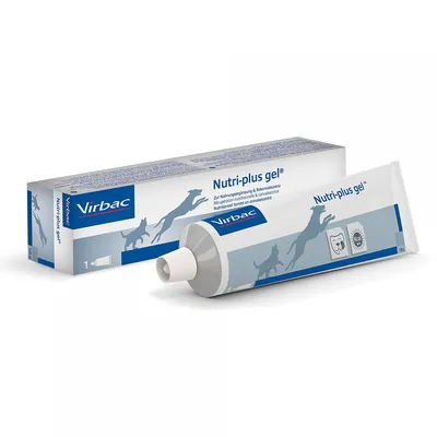 Virbac Nutri-plus gel -tuubi ja pakkaus, näkyvissä tuotteen nimi sekä koiran ja kissan siluetit. Pakkausteksti englanniksi ja saksaksi.