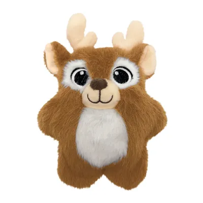 Plush toy shaped like a cartoon deer with brown fur, white belly, large eyes and antlers, shown against a white background.