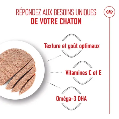 Texture et goût optimaux, vitamines C et E, oméga-3 DHA. Illustration du produit avec texte en français sur les caractéristiques.