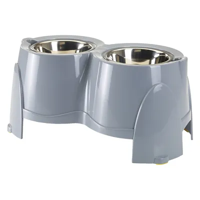 Doppia ciotola rialzata in acciaio inox con supporto in plastica grigia, adatta per cibo e acqua per pet. Entrambe le ciotole sono rimovibili.