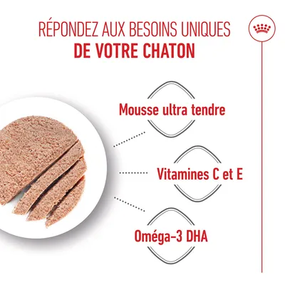 Image du produit avec mousse ultra tendre, vitamine C et E, ainsi qu’oméga-3 DHA comme caractéristiques essentielles pour la nourriture pour chat.