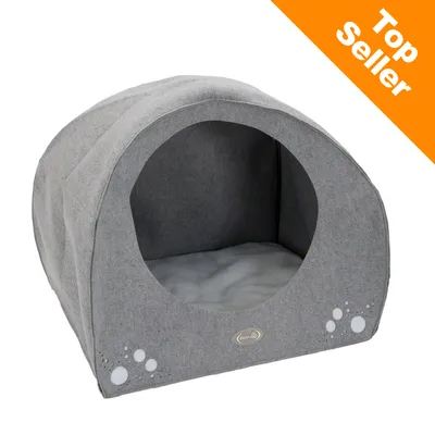 Niche grise en tissu pour animaux, forme arrondie avec coussin intérieur. Inscription visible : Top Seller sur bande orange en haut à droite.