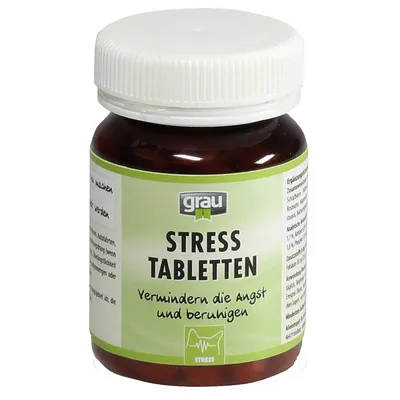 Burk med etikett: grau STRESS TABLETTEN. Text på tyska: Vermindern die Angst und beruhigen. Grön etikett, vit skruvkork.