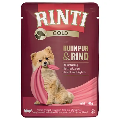 RINTI GOLD koiran märkäruoka, Huhn pur & Rind, mini 100 g. Näkyvissä tekstit: feinstückig, fettreduziert, leicht verträglich. Pakkauskuva pienestä koirasta.