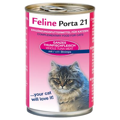 Feline Porta 21 kattemad, GANZES THUNFISCHFLEISCH WHOLE TUNA MEAT mit/with Shrimps, dåse med billede af kat. Tekst: ...your cat will love it!