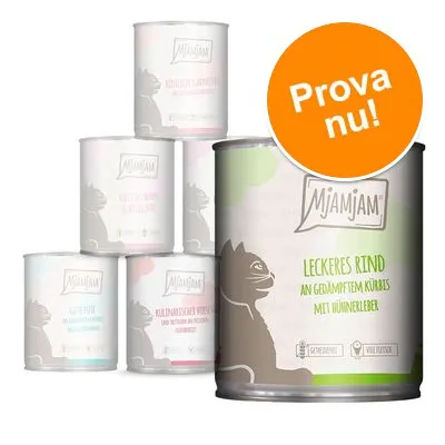 MjAMjAM burkar med kattmat, främre burk med texten 'Leckeres Rind an gedämpftem Kürbis mit Hühnerleber'. Orange cirkel med texten 'Prova nu!'. MjAMjAM burkar med kattmat, främre burk med texten 'Leckeres Rind an gedämpftem Kürbis mit Hühnerleber'. Orange cirkel med texten 'Prova nu!'.