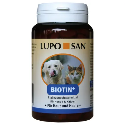 Burk med texten LUPO SAN, BIOTIN+, Ergänzungsfuttermittel für Hunde & Katzen, Für Haut und Haare. Bild på hund och katt på etiketten.