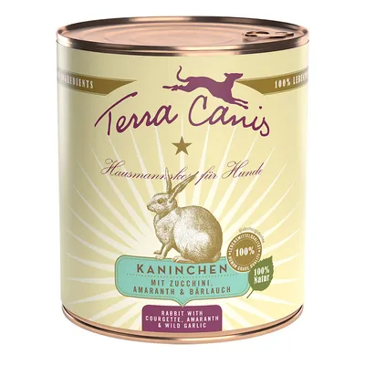 Terra Canis kotiruokaa koirille, kaniinia, kesäkurpitsaa, amaranttia ja karhunlaukkaa. 100 % luonnollinen, gluteeniton, elintarvikelaatua.