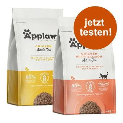 Twee zakken Applaws Adult Cat droogvoer: Chicken en Chicken with Salmon, elk 400 g. Tekst op oranje cirkel: 'jetzt testen!'. Op verpakking: 80% kip, graanvrij recept, natuurlijke ingrediënten. Twee zakken Applaws Adult Cat droogvoer: Chicken en Chicken with Salmon, elk 400 g. Tekst op oranje cirkel: 'jetzt testen!'. Op verpakking: 80% kip, graanvrij recept, natuurlijke ingrediënten.