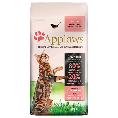 Applaws cibo per gatti adulti, senza cereali, 80% pollo con extra salmone, 20% verdure ed estratti naturali, ipoallergenico, con prebiotici e probiotici, confezione da 2 kg.