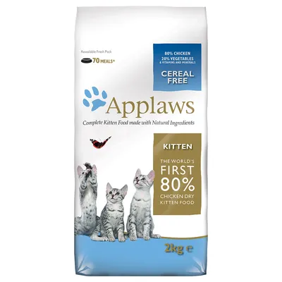 Applaws Kitten, alimento secco per gattini, 2 kg. Testo visibile: 80% chicken, 20% vegetables & vitamins and minerals, cereal free, 70 meals, the world's first 80% chicken dry kitten food.