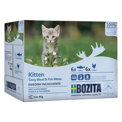 Bozita Kitten Tasty Meat & Fish Menu, шведски съставки, 12x85g. 6x сьомга, 6x пиле, без зърнени храни, лесносмилаем, 100% животински протеин. Шведско качество с натурални съставки.