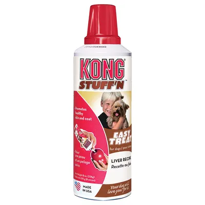 KONG Stuff'N Easy Treat for dogs, liver recipe. Promotes healthy skin and coat. Image shows product being dispensed into a toy. Made in USA.