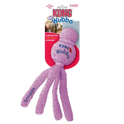 KONG Wubba Snugga toy in pink with packaging showing 'Fun Interactive Play' and 'Comforting'.