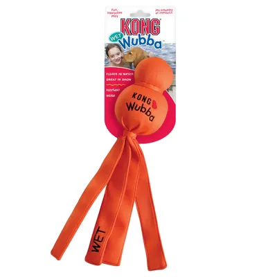 KONG Wubba Wet hondenspeelgoed, oranje met labeltekst 'WET' en 'KONG Wubba', verpakking vermeldt: 'Floats in water', 'Great in snow', geschikt voor interactief spel.