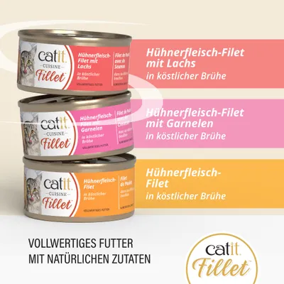 catit Cuisine Fillet: Kipfilet met zalm, garnalen of puur in een heerlijke bouillon. Volledig voer met natuurlijke ingrediënten.