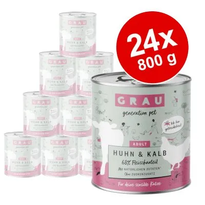 GRAU generation pet Huhn & Kalb, 24 x 800 g burkar. Text: 68 % Fleischanteil, mit natürlichen Zutaten, ohne Zuckerzusatz, für deine sensible Katze.