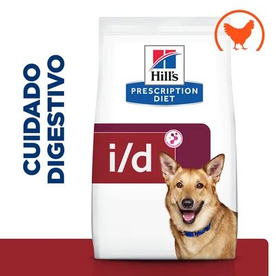 Pachet Hill's Prescription Diet i/d, text vizibil: CUIDADO DIGESTIVO, simbol portocaliu cu siluetă de găină în colțul dreapta sus. Pachet Hill's Prescription Diet i/d, text vizibil: CUIDADO DIGESTIVO, simbol portocaliu cu siluetă de găină în colțul dreapta sus.