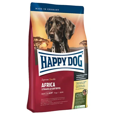 Sac de croquettes Happy Dog Supreme Sensible Africa, strauß & kartoffel, adult, 11 kg, made in Germany. Texte visibles en anglais et allemand sur l’emballage.