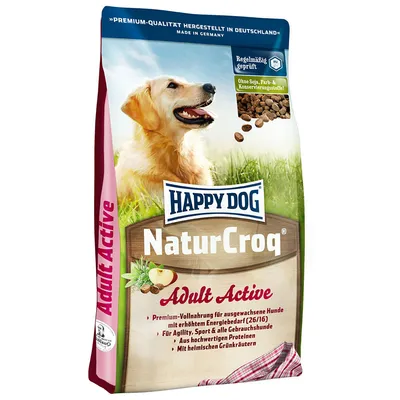 Happy Dog NaturCroq Adult Active. Hrană completă premium pentru câini cu necesar energetic crescut. Fără soia, coloranți și conservanți. Fabricat în Germania, verificat regulat.