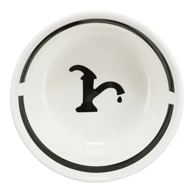 Ciotola in ceramica bianca con simbolo nero di rubinetto e goccia, bordata da una striscia nera.