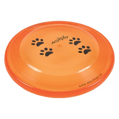 Orange frisbee med svarta tassavtryck och texten 'Dog Activity'. URL www.sky-dogs.de synlig på kanten.